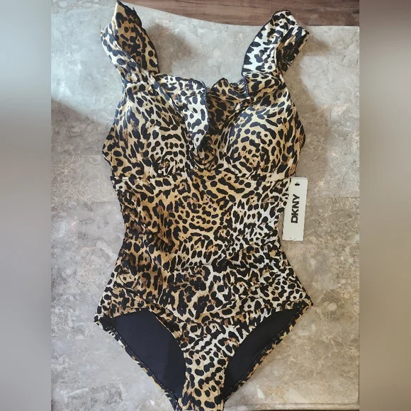 S M L XL DKNY Swim One Piece Ruffle V Neck Swimsuit Leopard - Picture 2 of 11